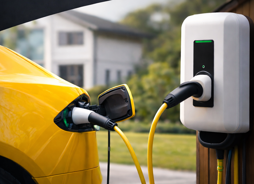 Elbilsladdare kopplad till en gul bil.