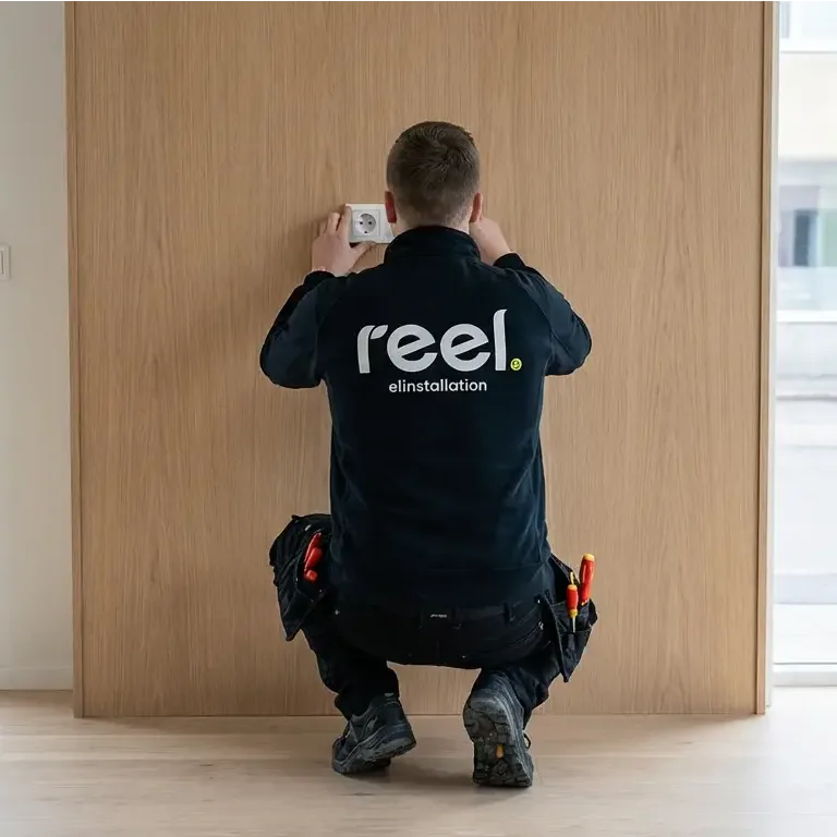 En elektriker i Göteborg arbetar på ett kontor med svarta tröjor med Reel Elinstallation logo.